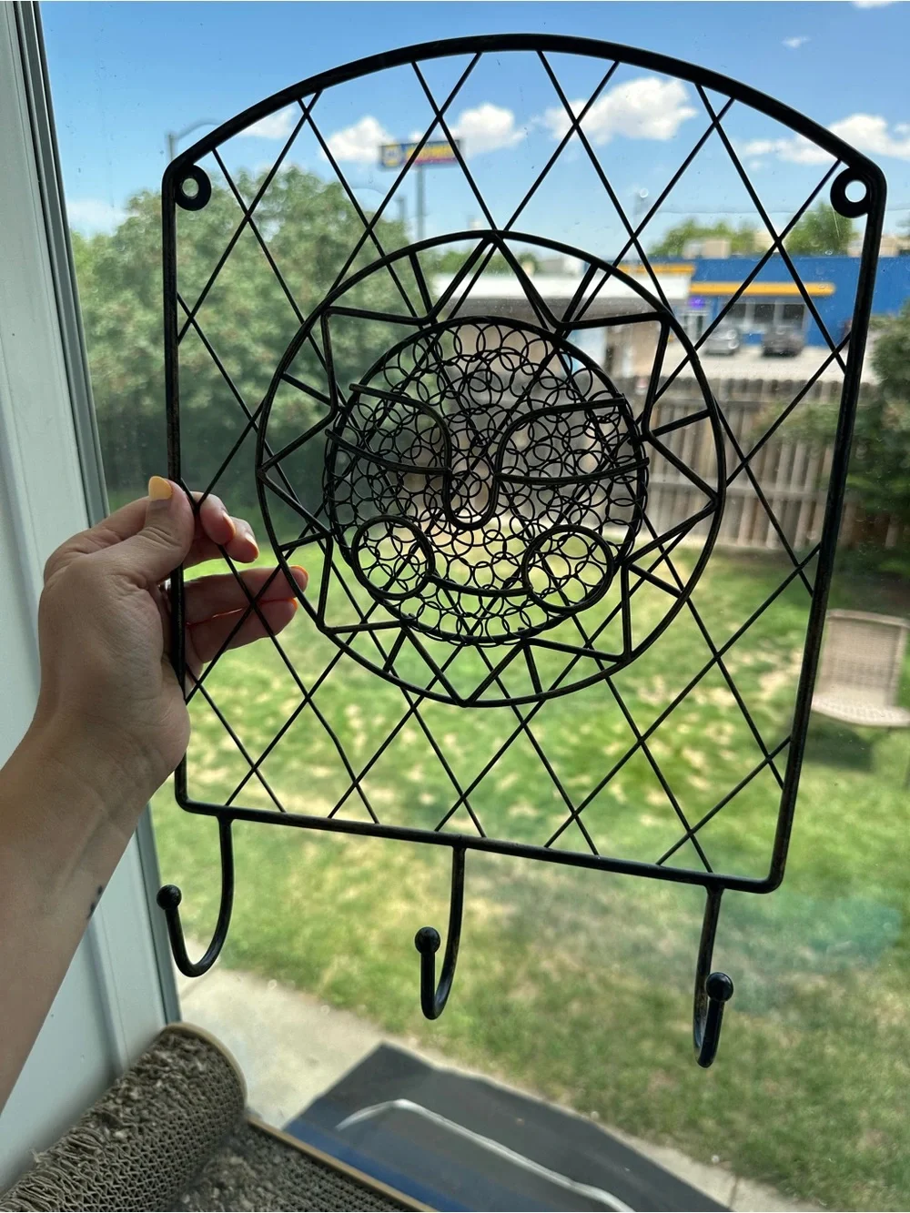 Rustic Style wrought iron Metal Wall 3 Key Hooks. Intricate celestial sun face